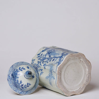 Blue and White Porcelain Golden Pheasant Ribbed Lidded Jar