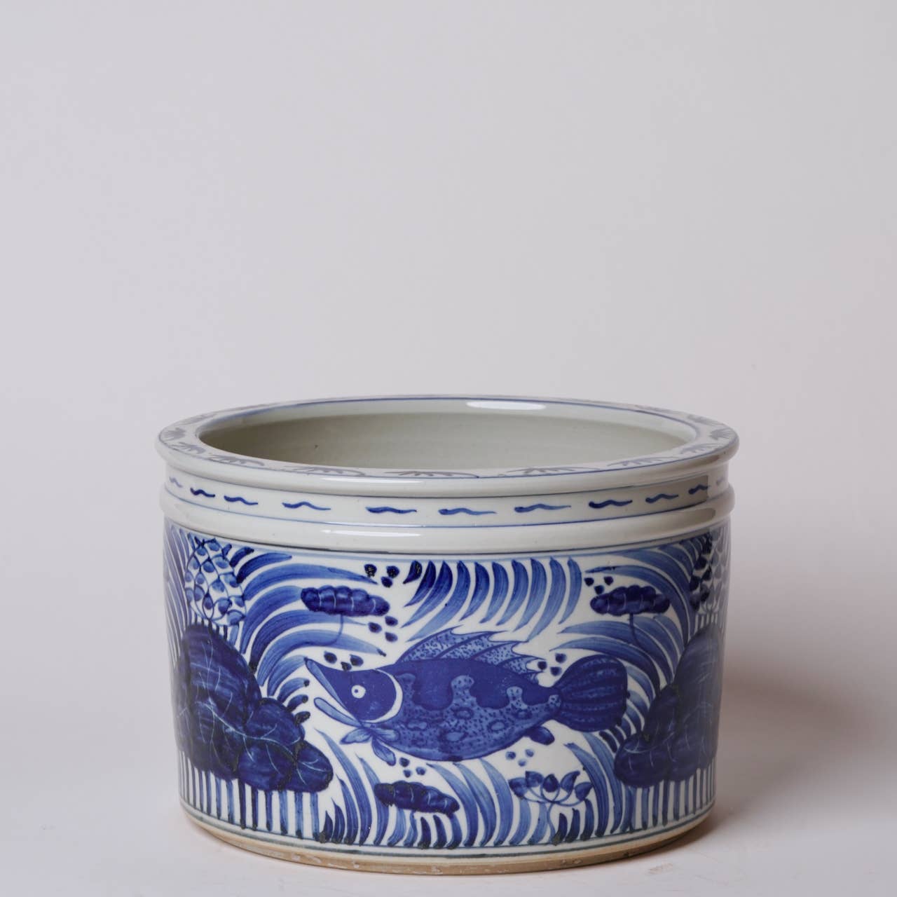 Blue and White Porcelain Fish and Lotus Wide Cachepot