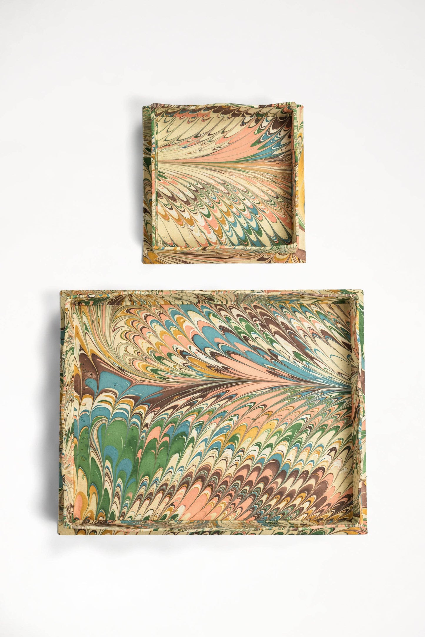 Nesting Scalloped Hand-Marbled Trays in Flatiron Feathers: Set of 2 Nesting Trays