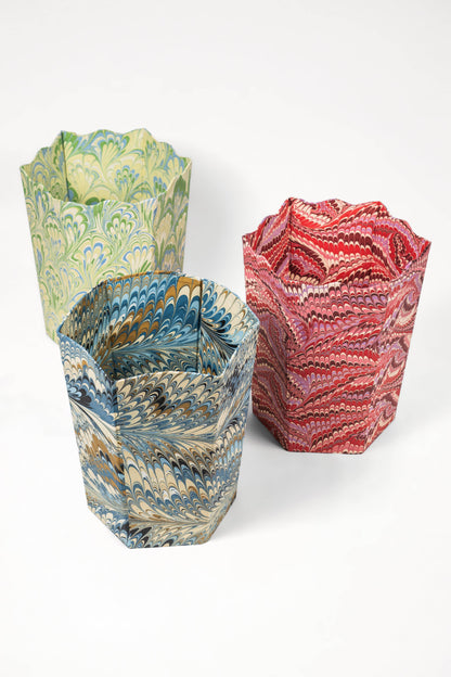 Hand-Marbled Scallop Waste Bin / Storage Bin in Florentine Pink