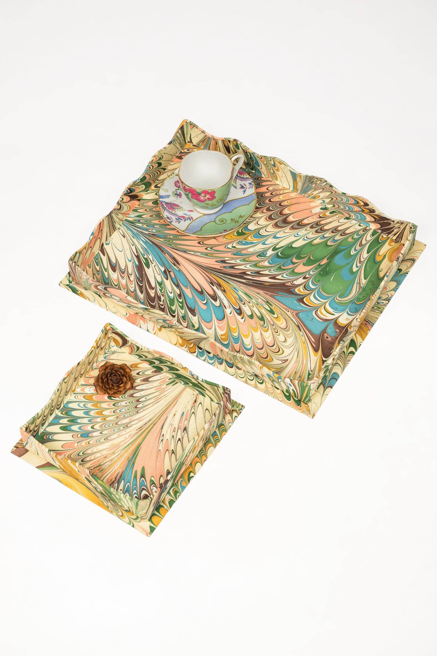 Nesting Scalloped Hand-Marbled Trays in Flatiron Feathers: Set of 2 Nesting Trays