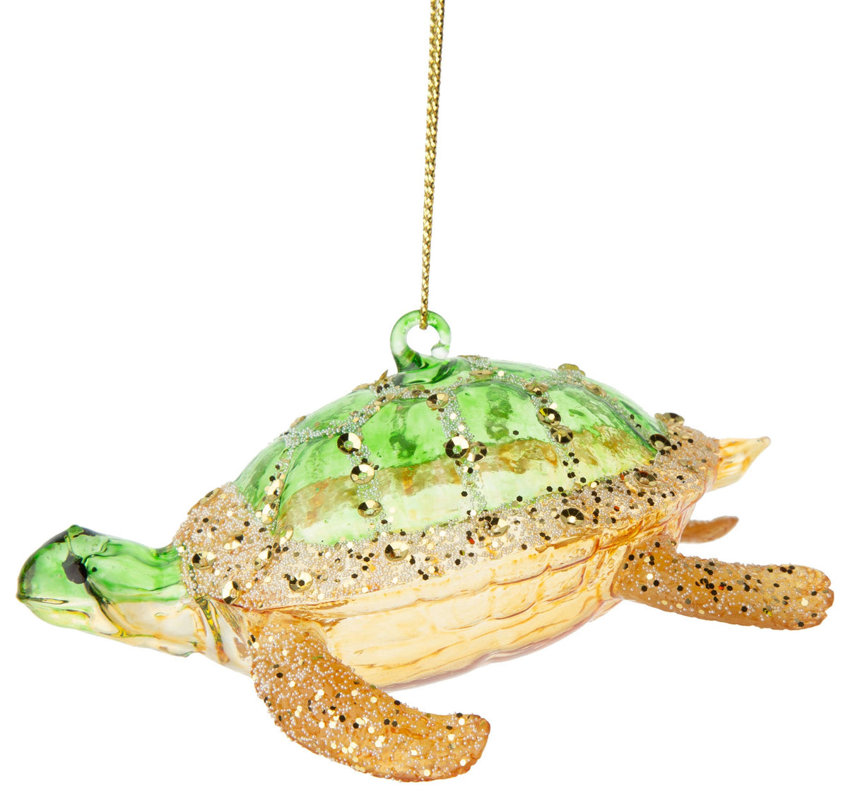 A63054:Blown glass turtle orn,translucent green/gold w/ g