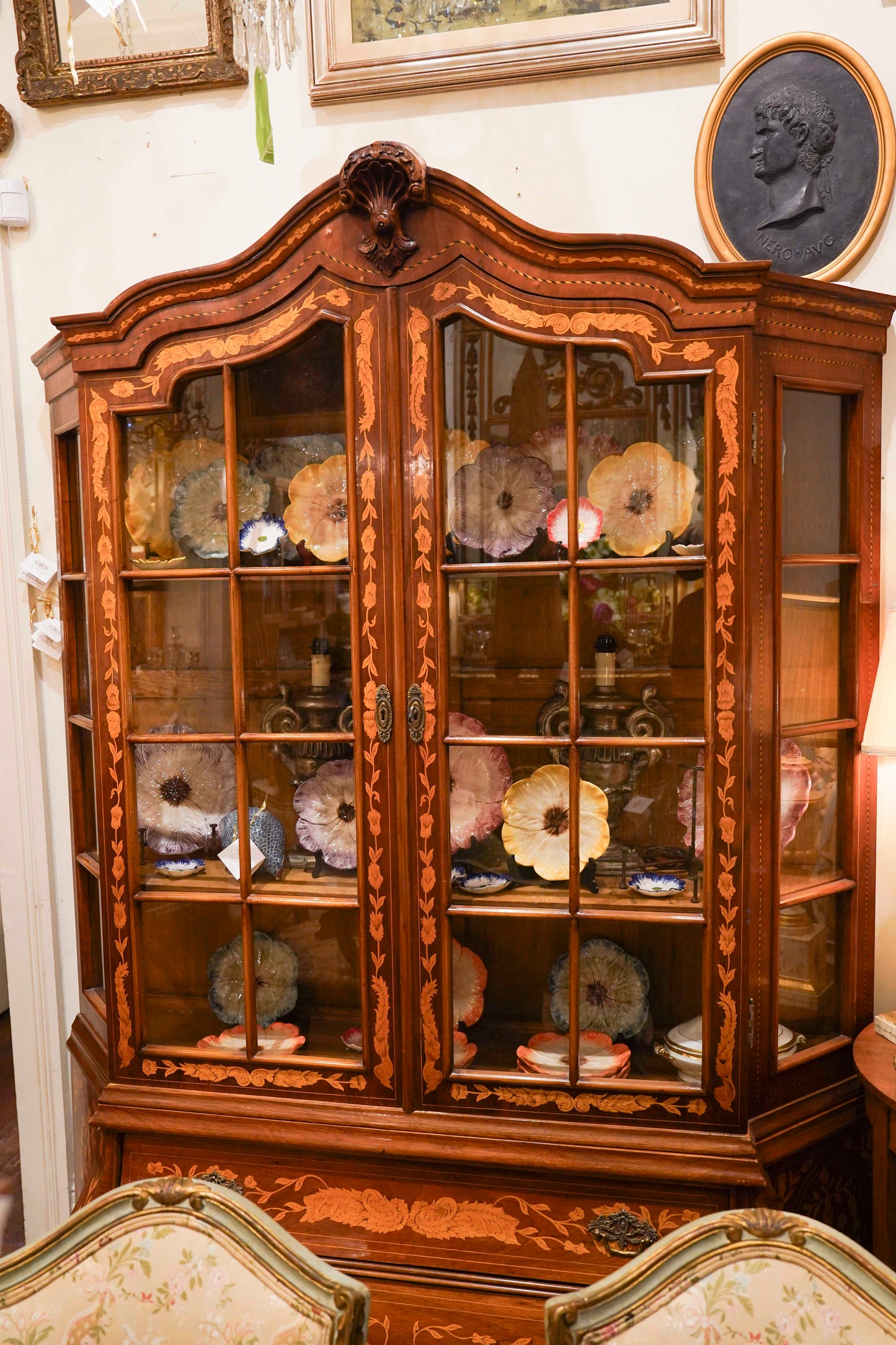 Dutch Marquetry Hutch with glass doors.