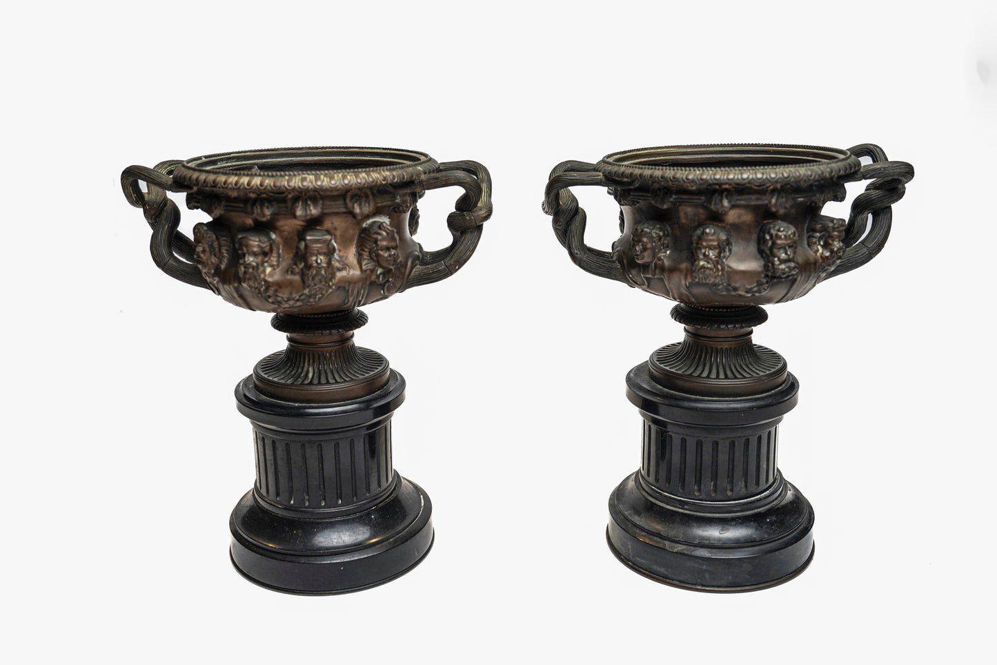 Pair of Barbedienne Bronze  Warwick Cups on Black Slate Plinths.  19th C