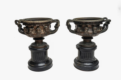 Pair of Barbedienne Bronze  Warwick Cups on Black Slate Plinths.  19th C