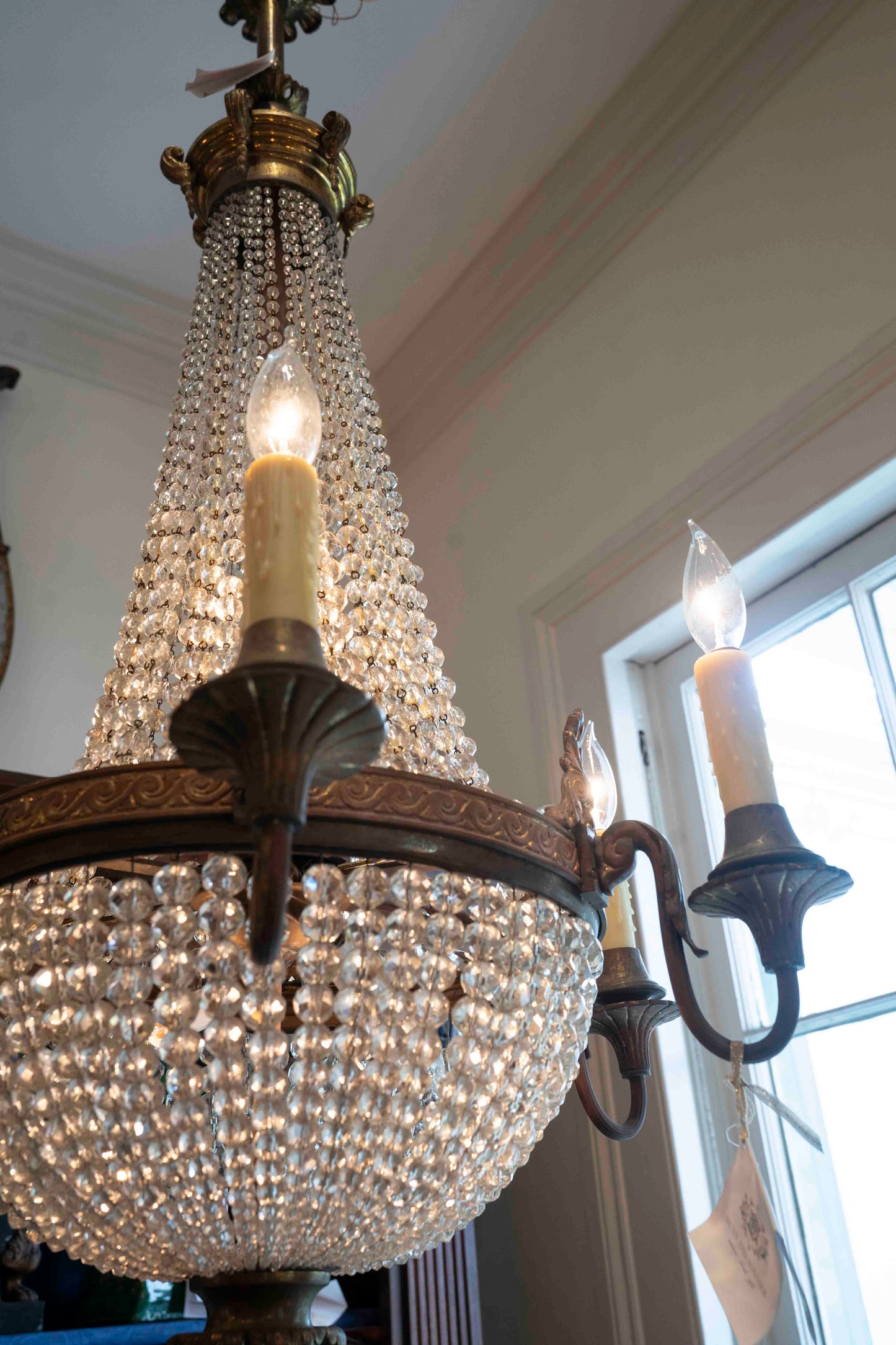 Italian Empire Style Bronze and Crystal  Beaded Chandelier