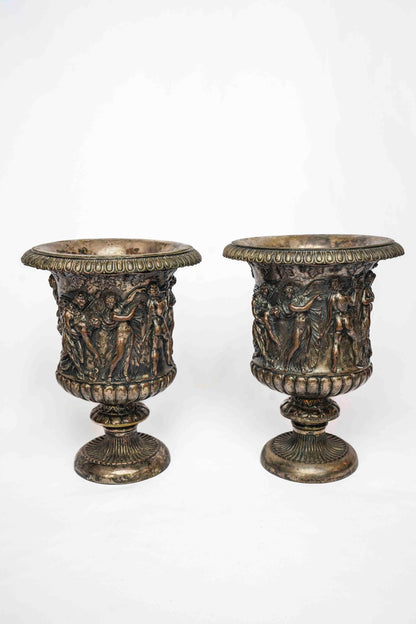 Neoclassic Bronze and Silver Plate Urns Pair