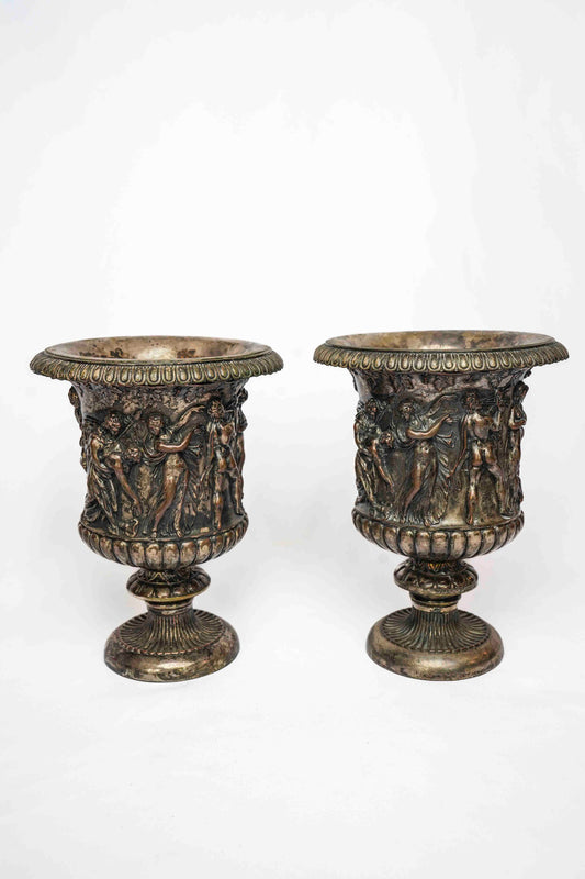 Neoclassic Bronze and Silver Plate Urns Pair