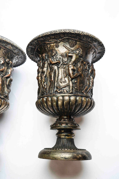 Neoclassic Bronze and Silver Plate Urns Pair