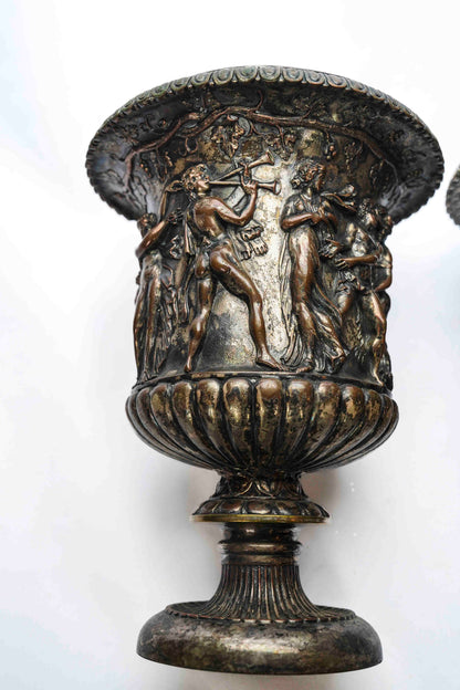 Neoclassic Bronze and Silver Plate Urns Pair
