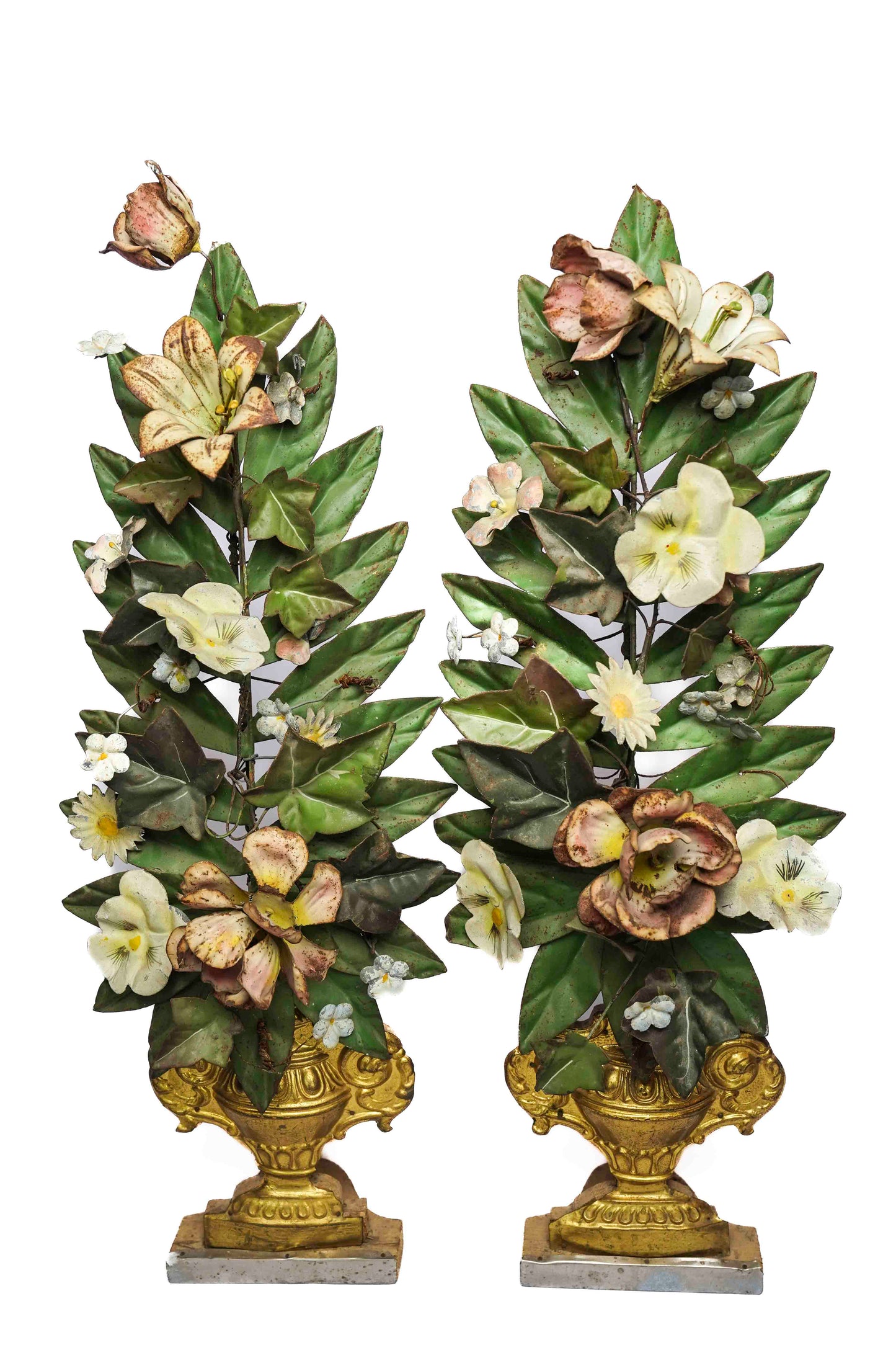 Italian Altar Urns with Tole Flower  Pair