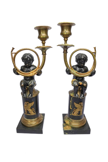 French Cherub Figural Candlesticks Pair