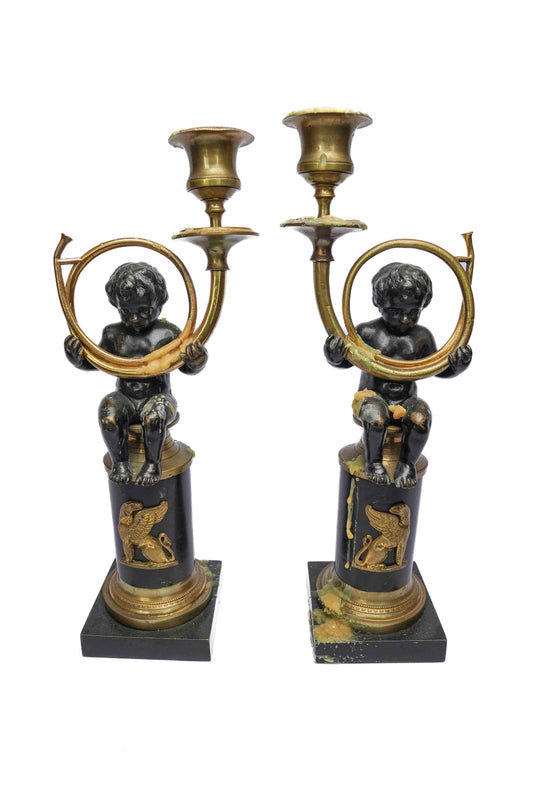 French Cherub Figural Candlesticks Pair