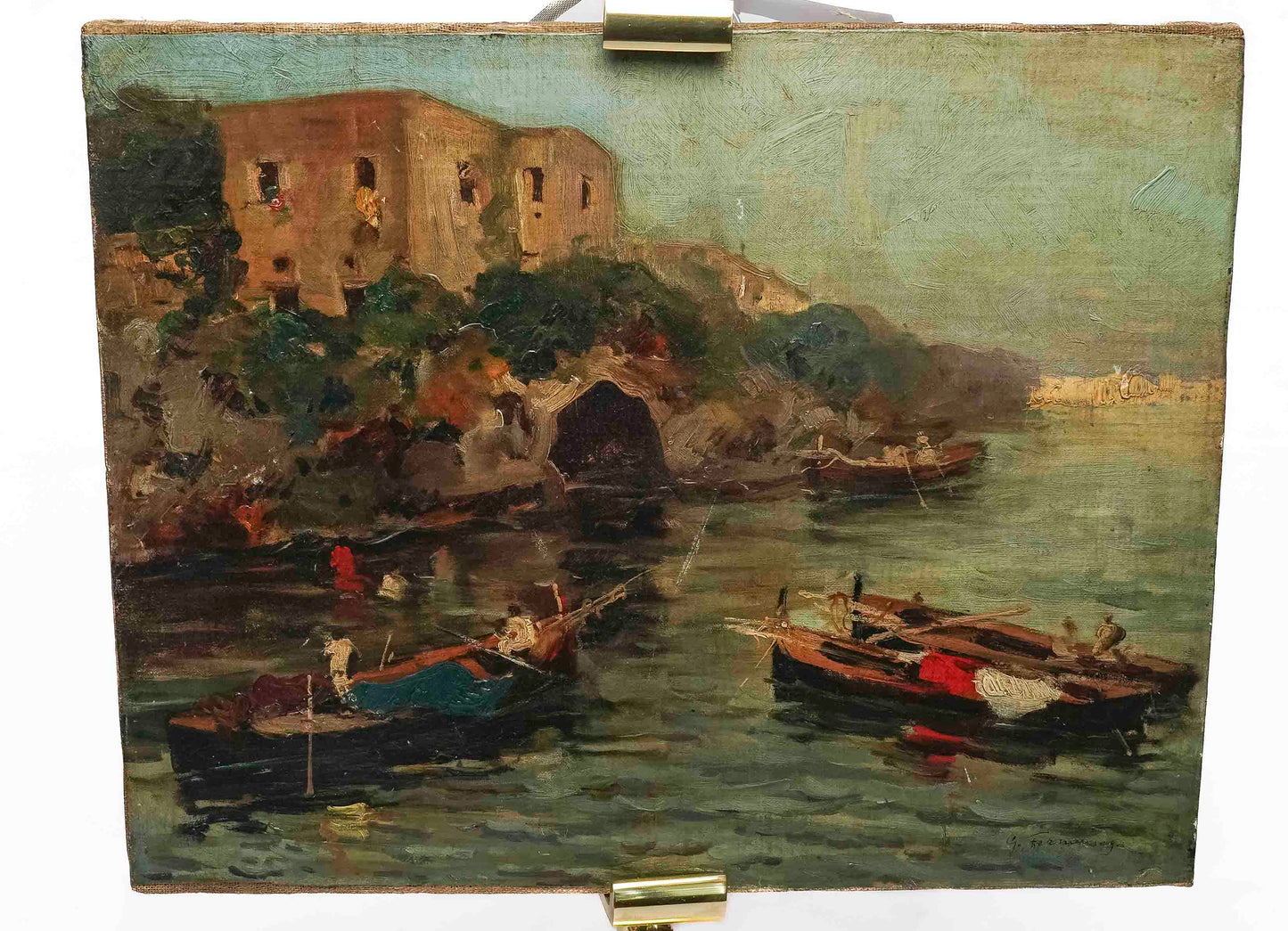 Italian Boat Scene Oil On Canvas