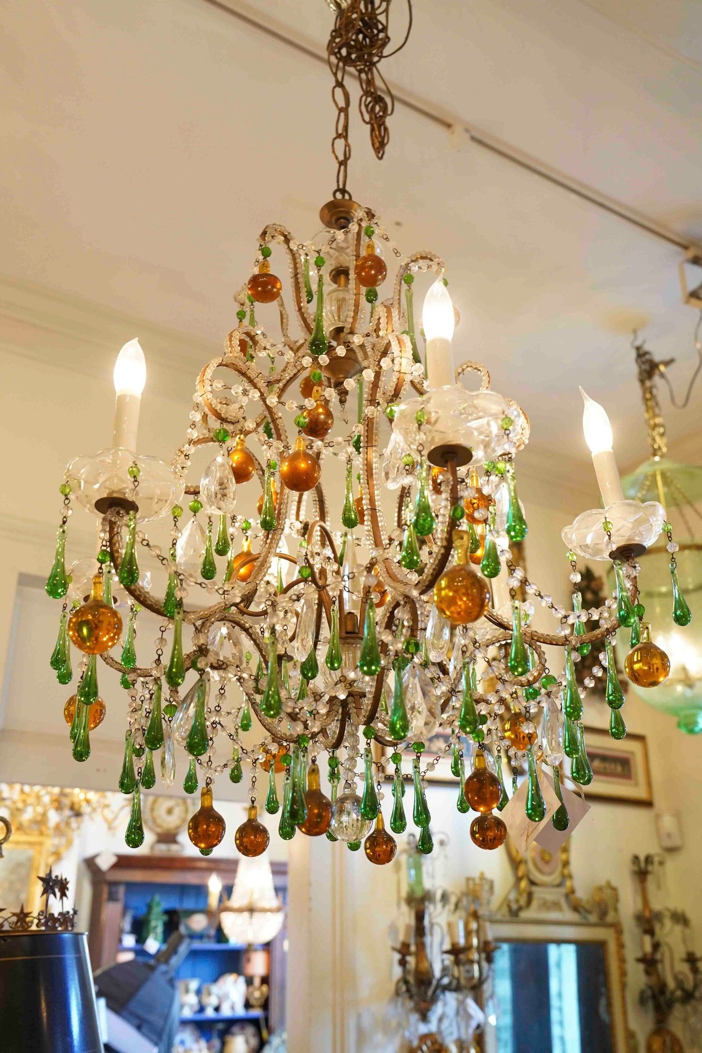 Beaded Chandelier with Amber and Green Drops