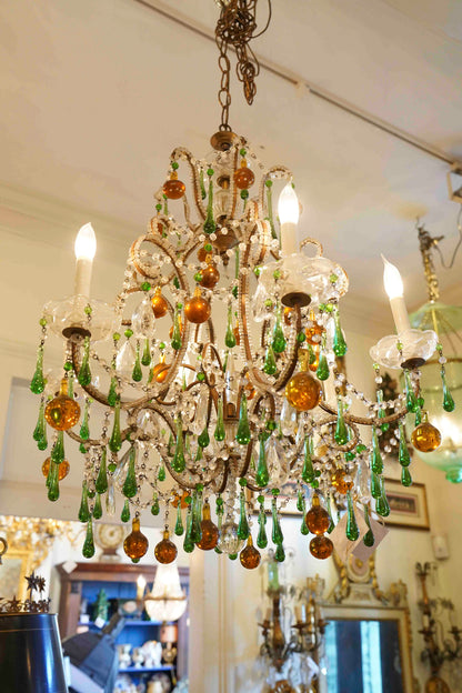 Beaded Chandelier with Amber and Green Drops