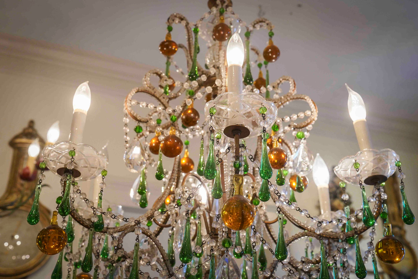 Beaded Chandelier with Amber and Green Drops