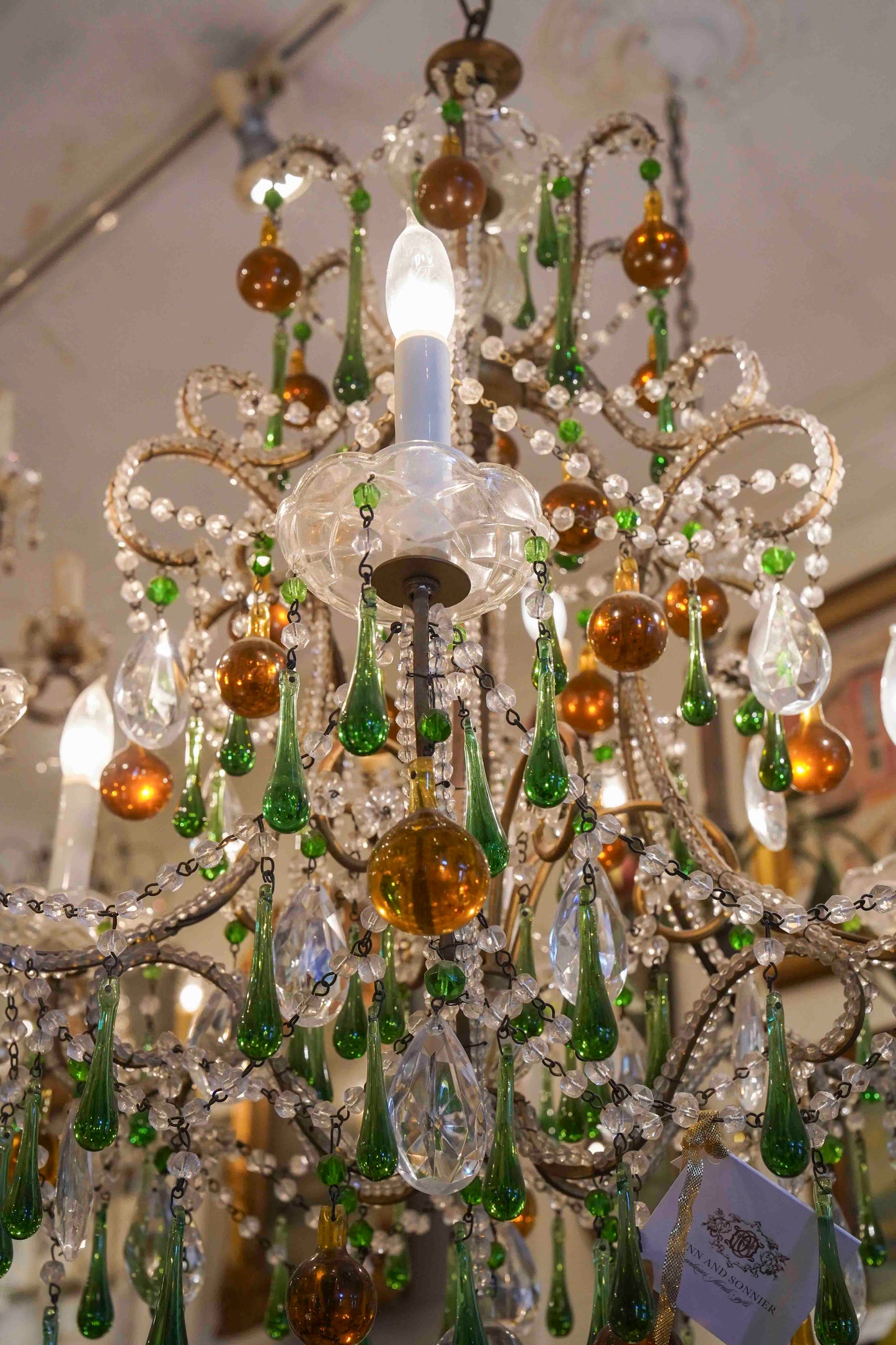 Beaded Chandelier with Amber and Green Drops