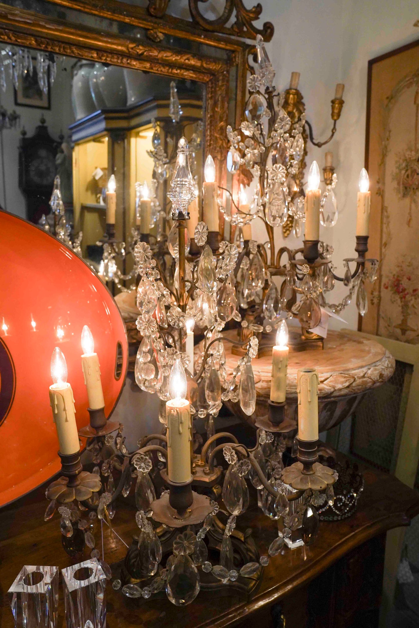 19th Century Louis XV Crystal and Bronze Girandole Lamps Pair