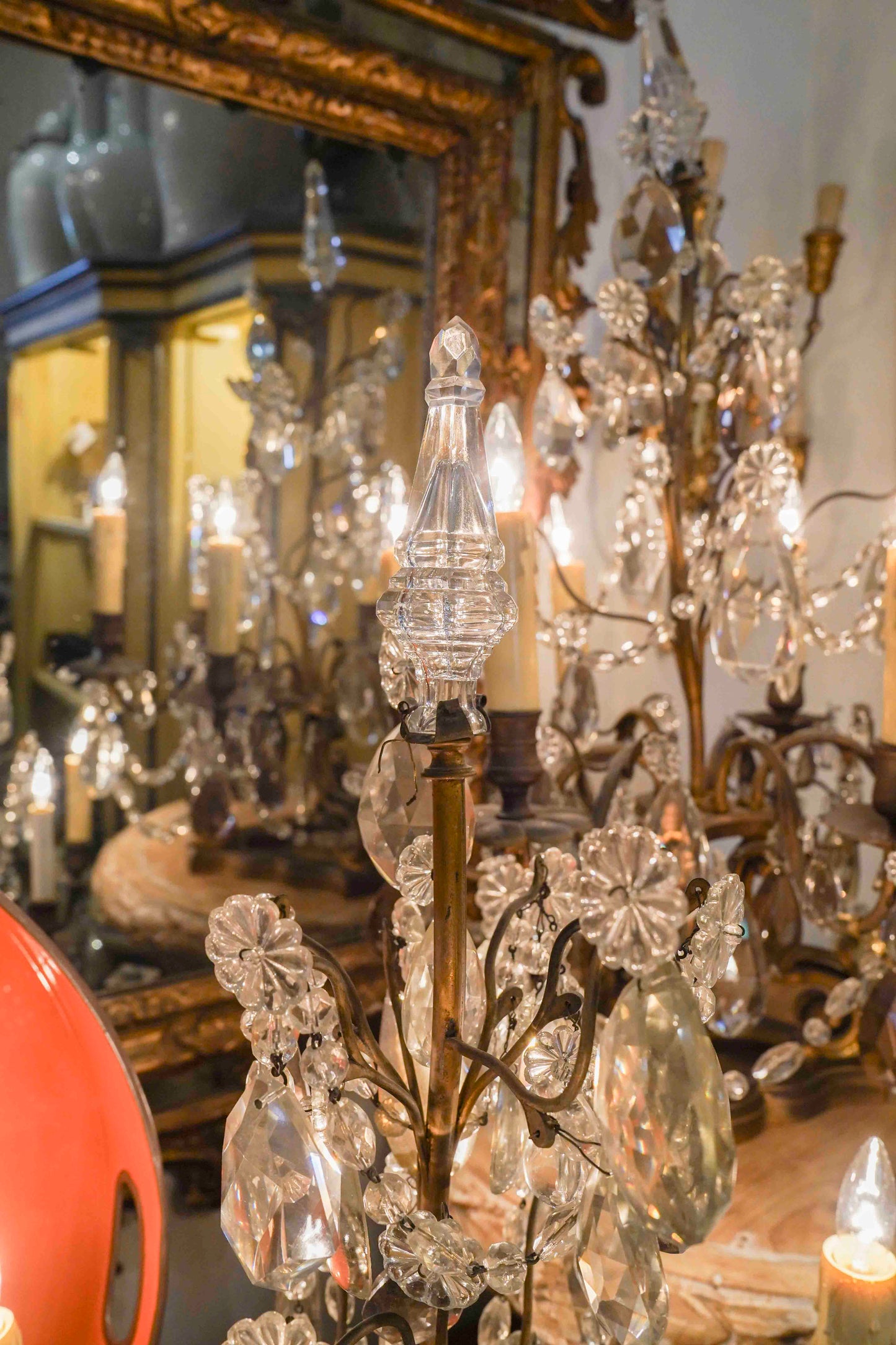 19th Century Louis XV Crystal and Bronze Girandole Lamps Pair