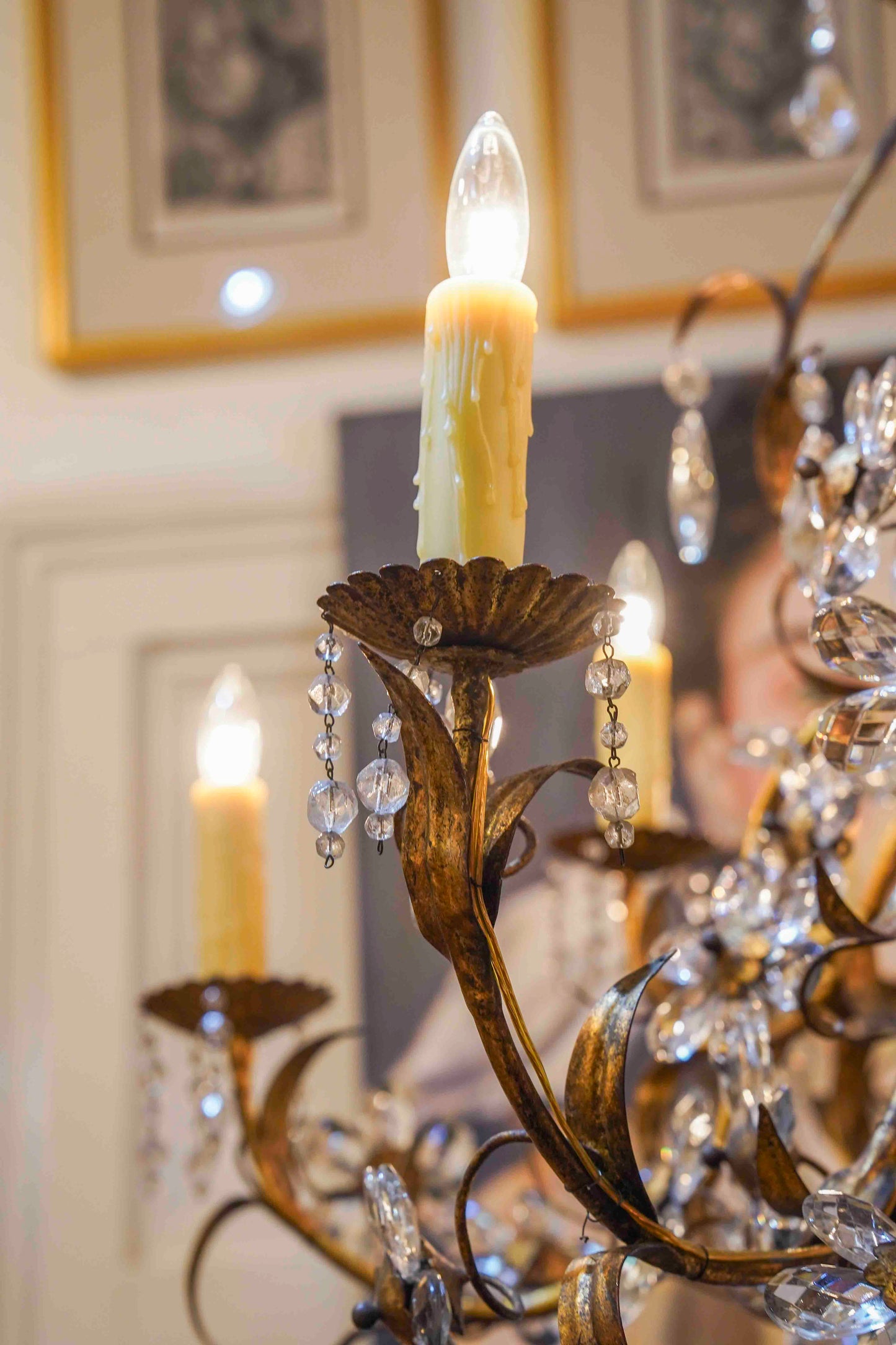 Gilt Metal Chandelier with Crystal Florals