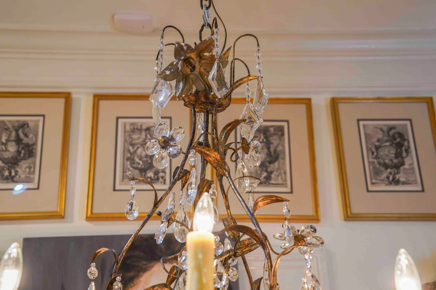 Gilt Metal Chandelier with Crystal Florals