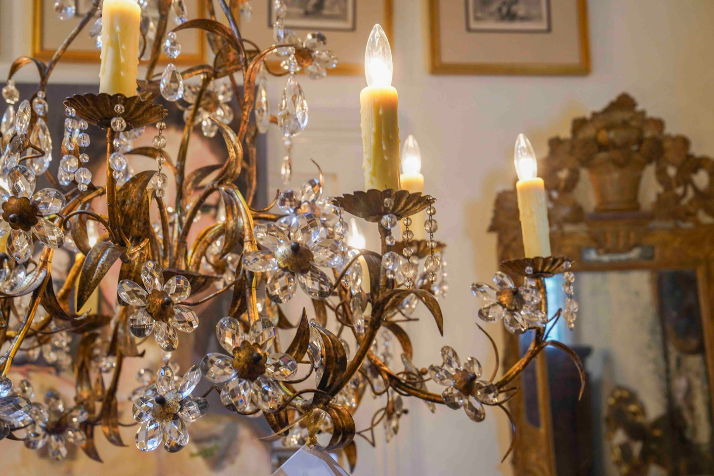 Gilt Metal Chandelier with Crystal Florals