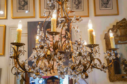 Gilt Metal Chandelier with Crystal Florals