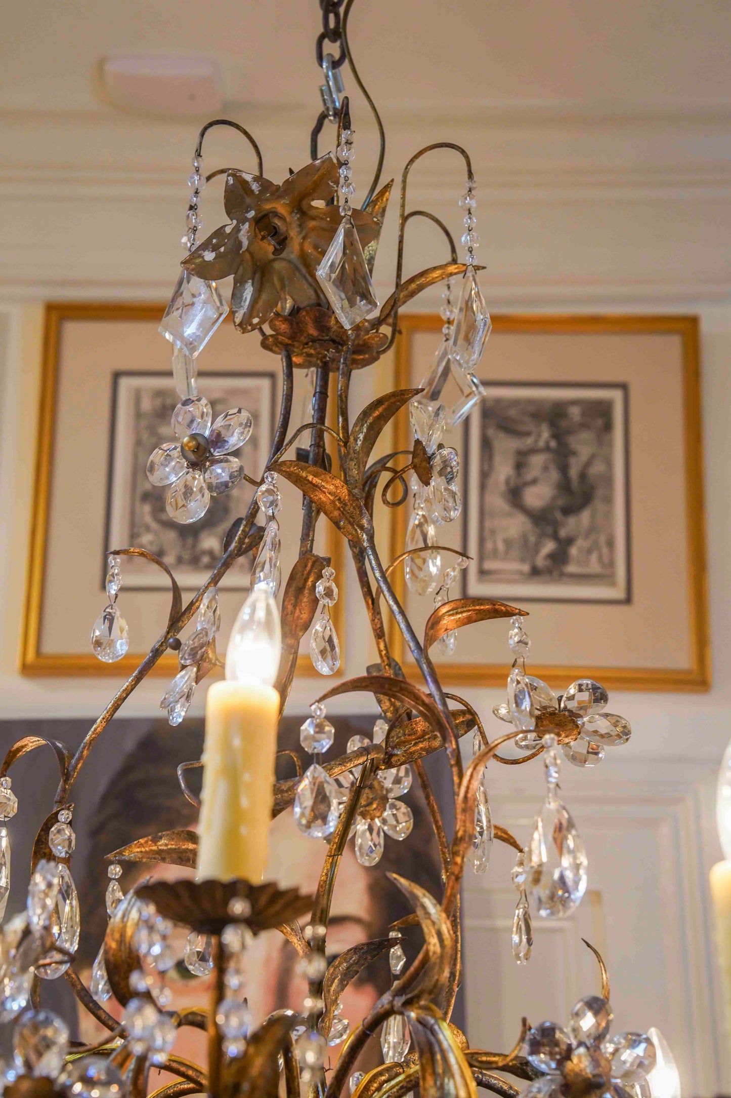 Gilt Metal Chandelier with Crystal Florals