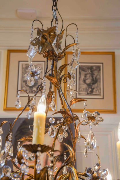 Gilt Metal Chandelier with Crystal Florals