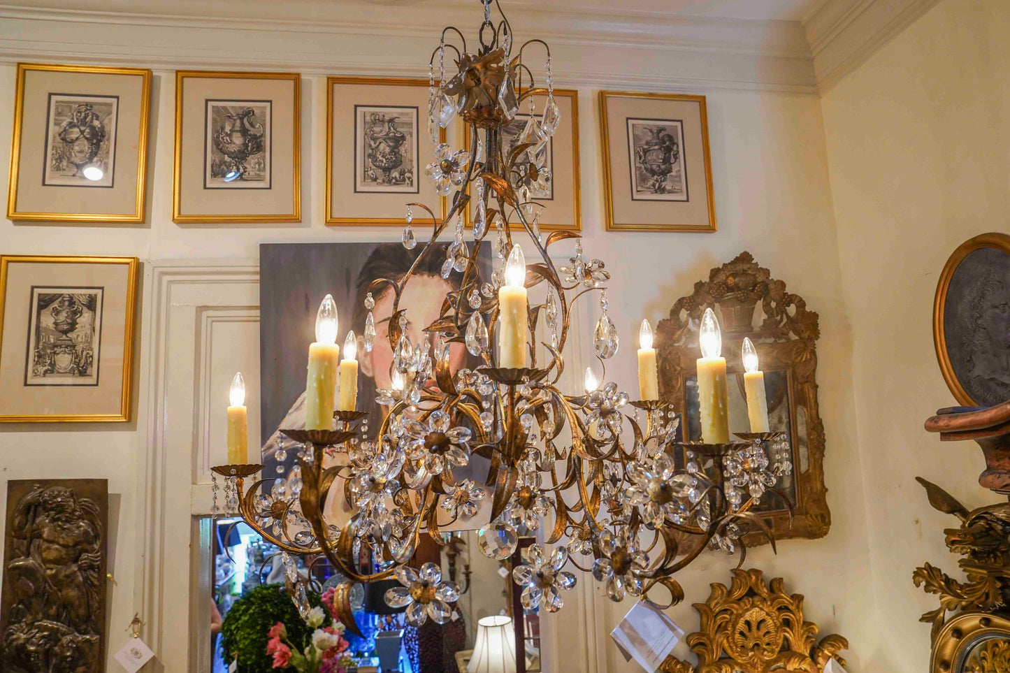 Gilt Metal Chandelier with Crystal Florals