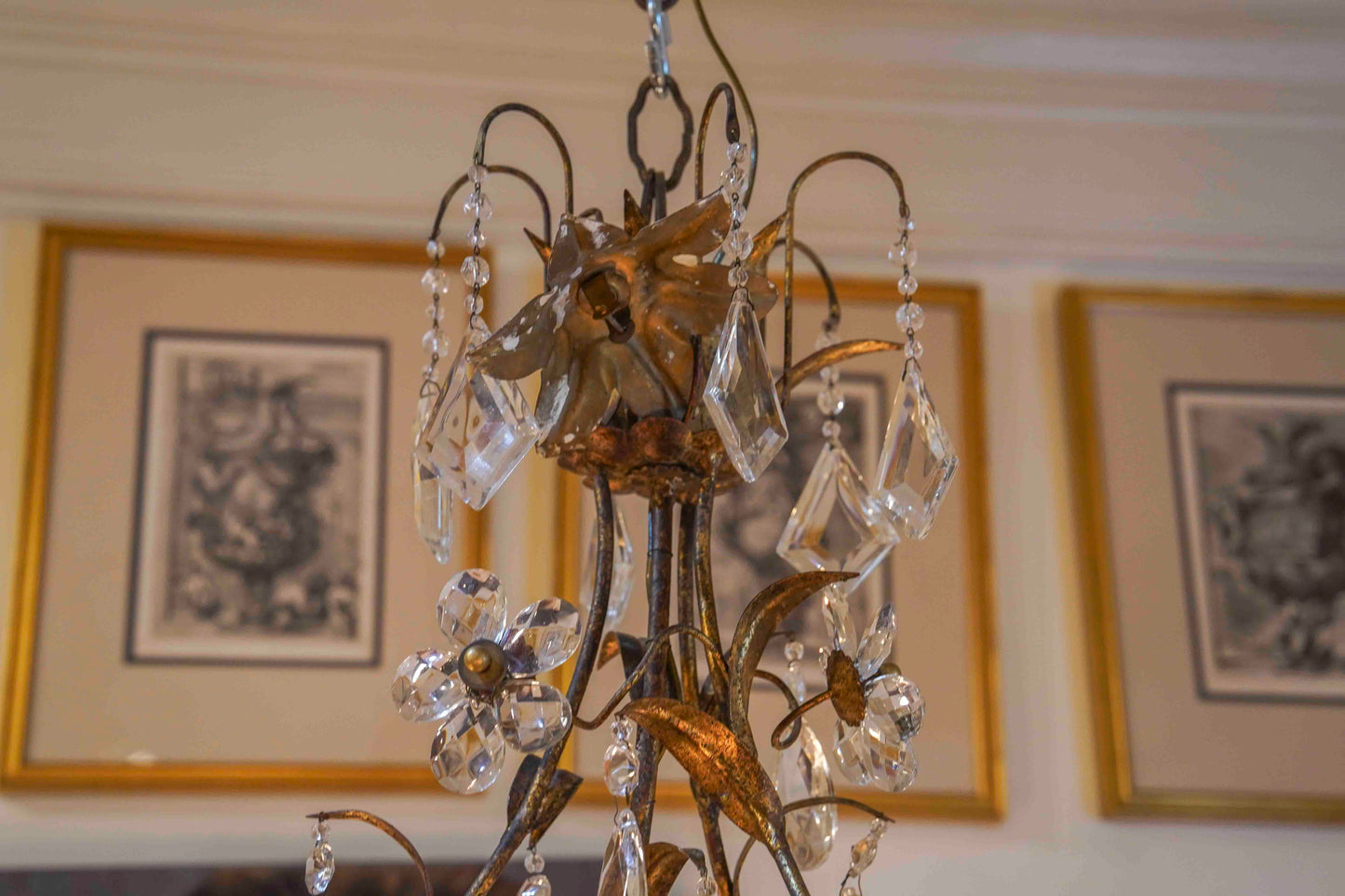 Gilt Metal Chandelier with Crystal Florals