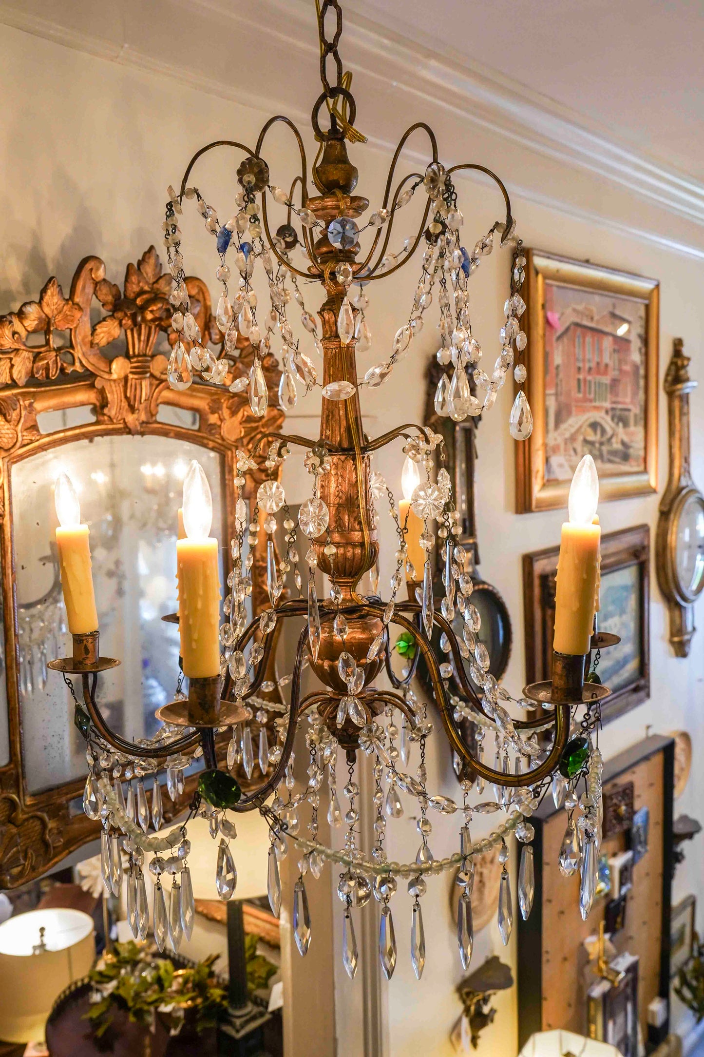 18th Century Italian Giltwood and Crystal Chandelier Pair