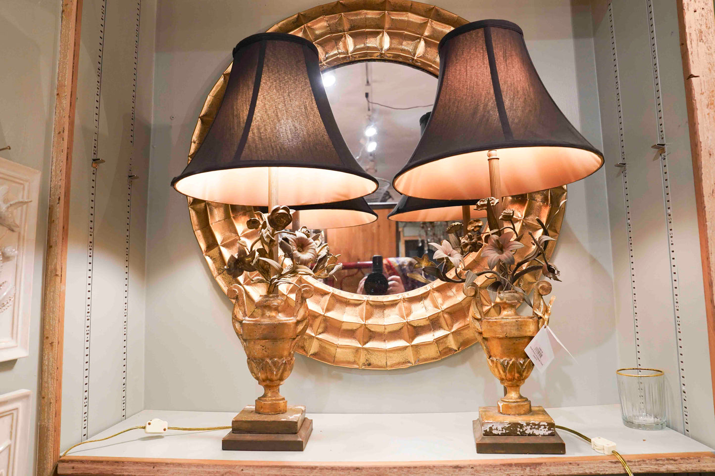 Italian Bronze and Giltwood Floral Lamps Pair