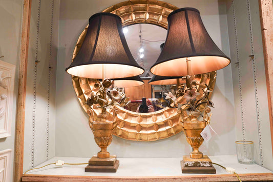 Italian Bronze and Giltwood Floral Lamps Pair