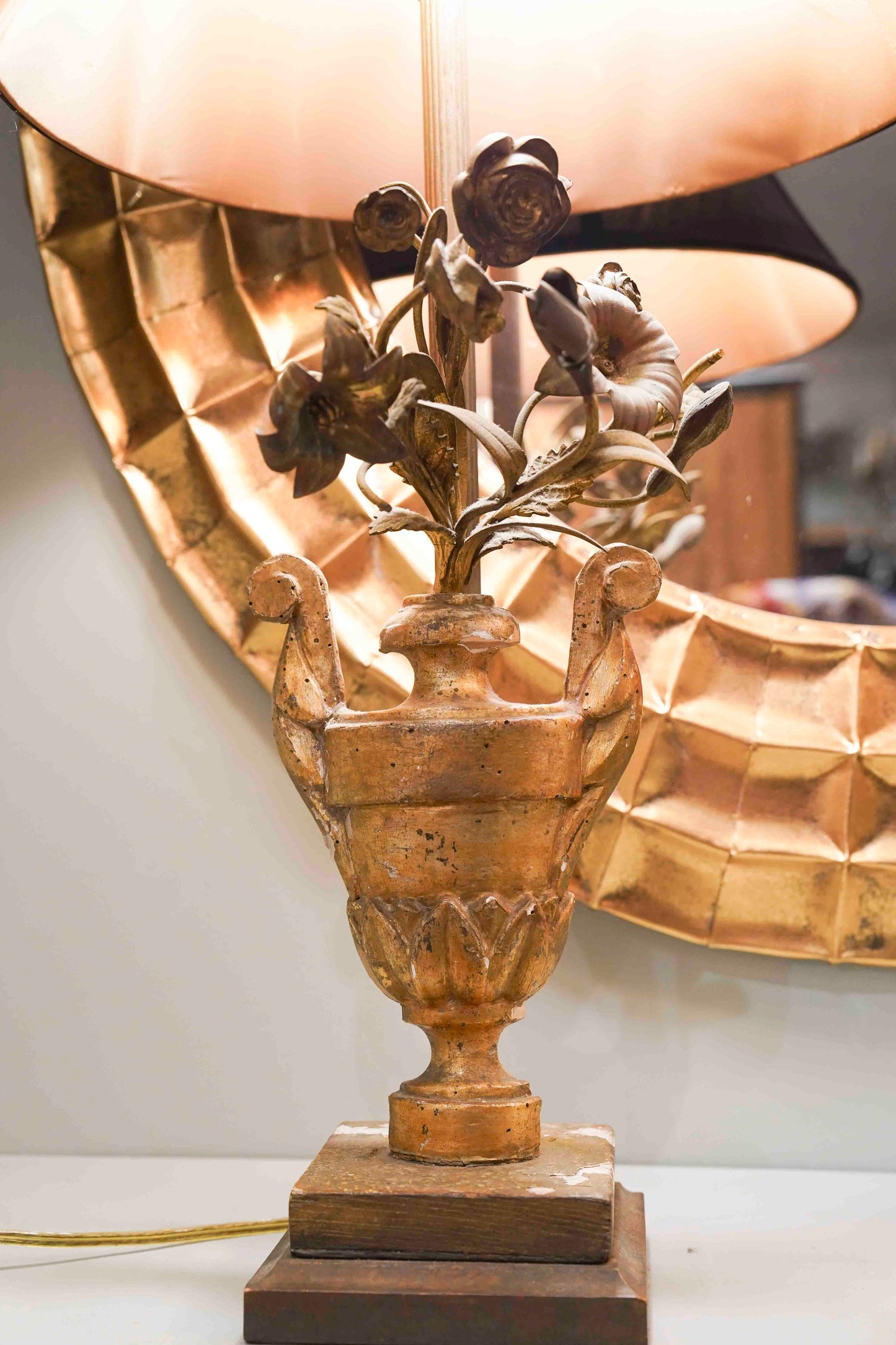 Italian Bronze and Giltwood Floral Lamps Pair