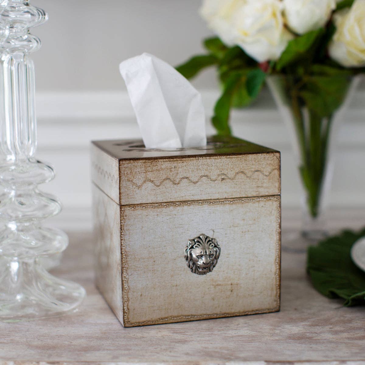 Florentino Leone Wooden Tissue Box Cover: Antique Silver