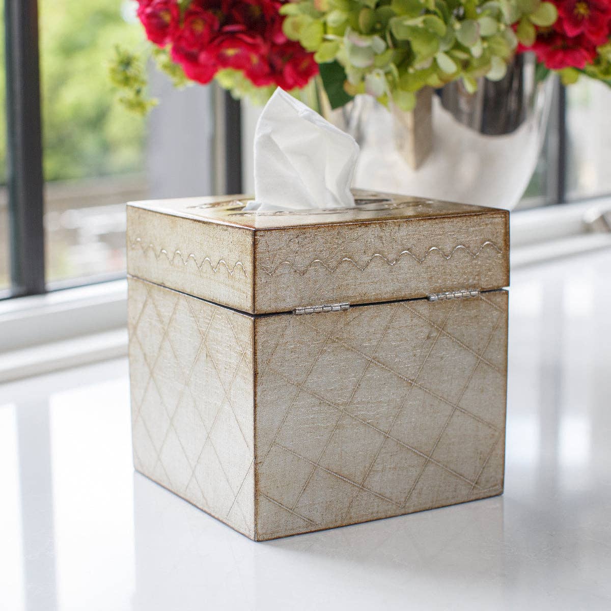 Florentino Leone Wooden Tissue Box Cover: Antique Silver