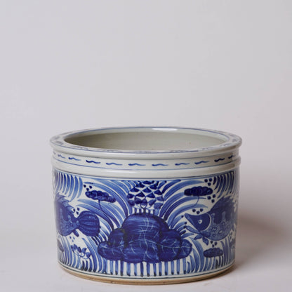 Blue and White Porcelain Fish and Lotus Wide Cachepot
