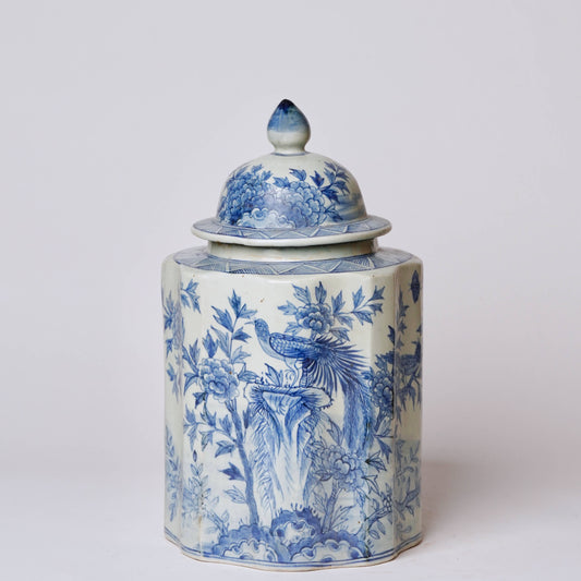 Blue and White Porcelain Golden Pheasant Ribbed Lidded Jar