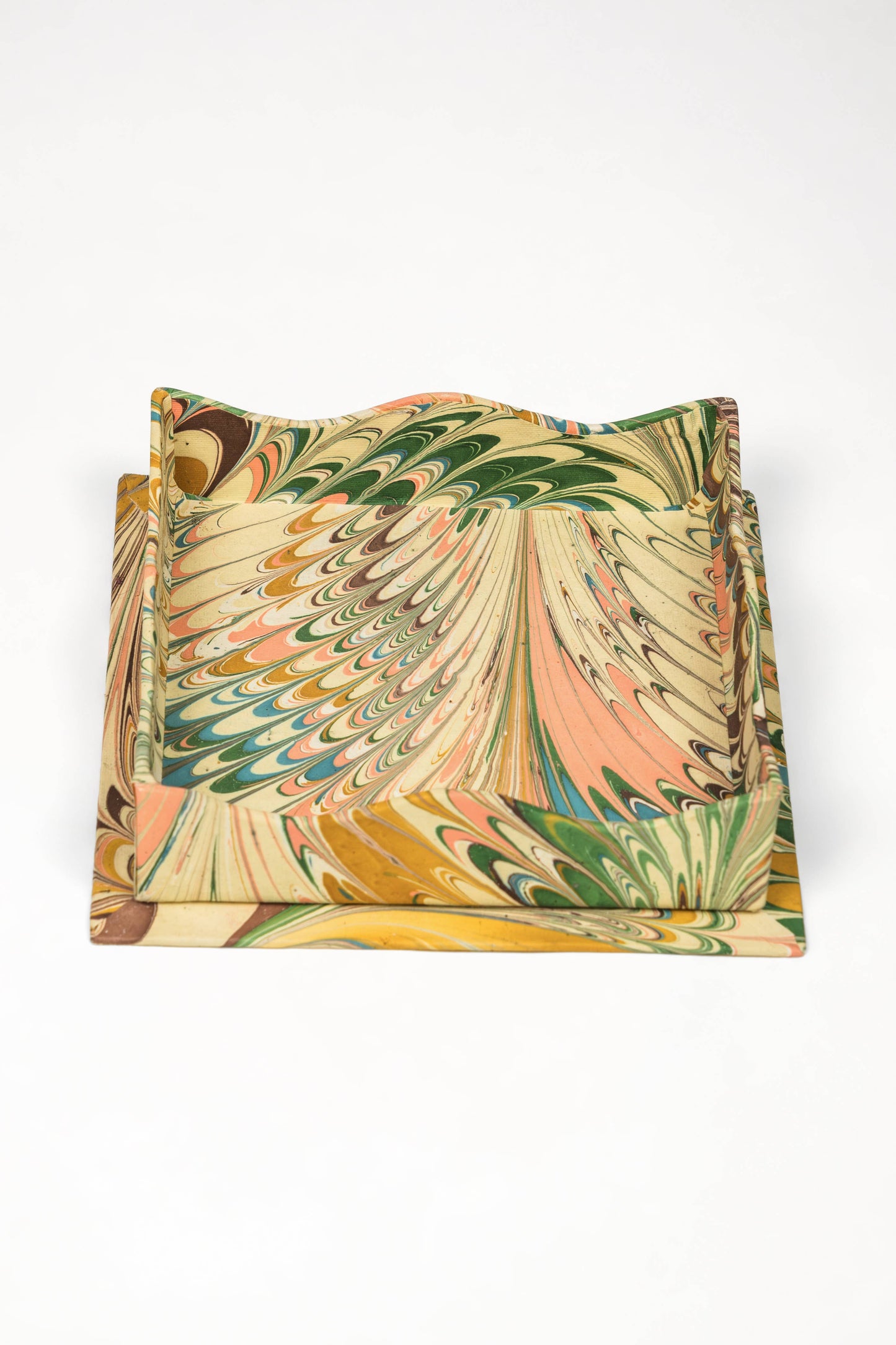 Nesting Scalloped Hand-Marbled Trays in Flatiron Feathers: Set of 2 Nesting Trays