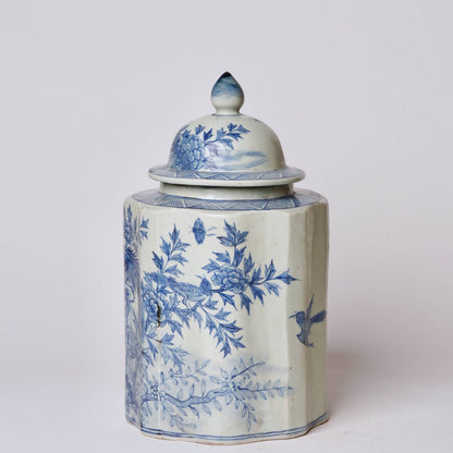 Blue and White Porcelain Golden Pheasant Ribbed Lidded Jar