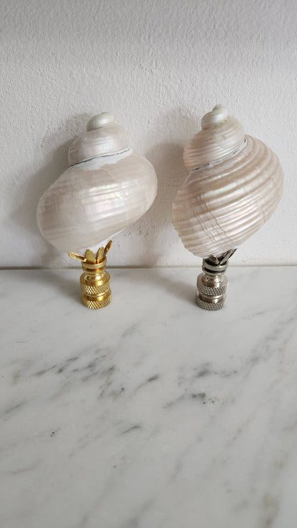 Pair, Turbo Pearl Setosus Sea Shell Lamp Finial, Set of 2: Brass